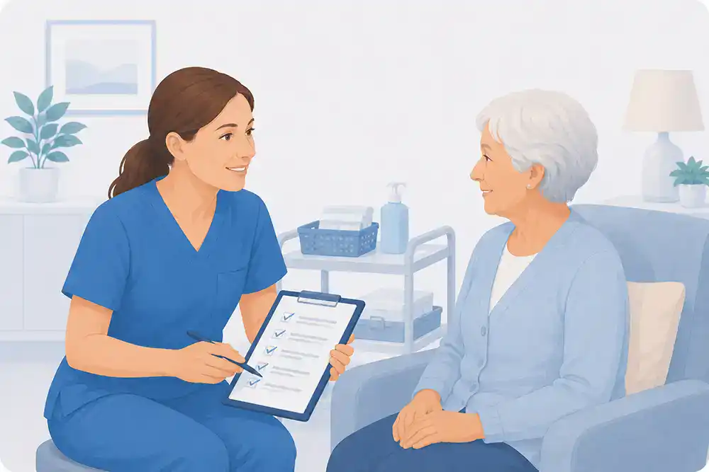 Illustration einer Pflegefachkraft mit Checkliste bei einer älteren Person im häuslichen Pflegealltag.