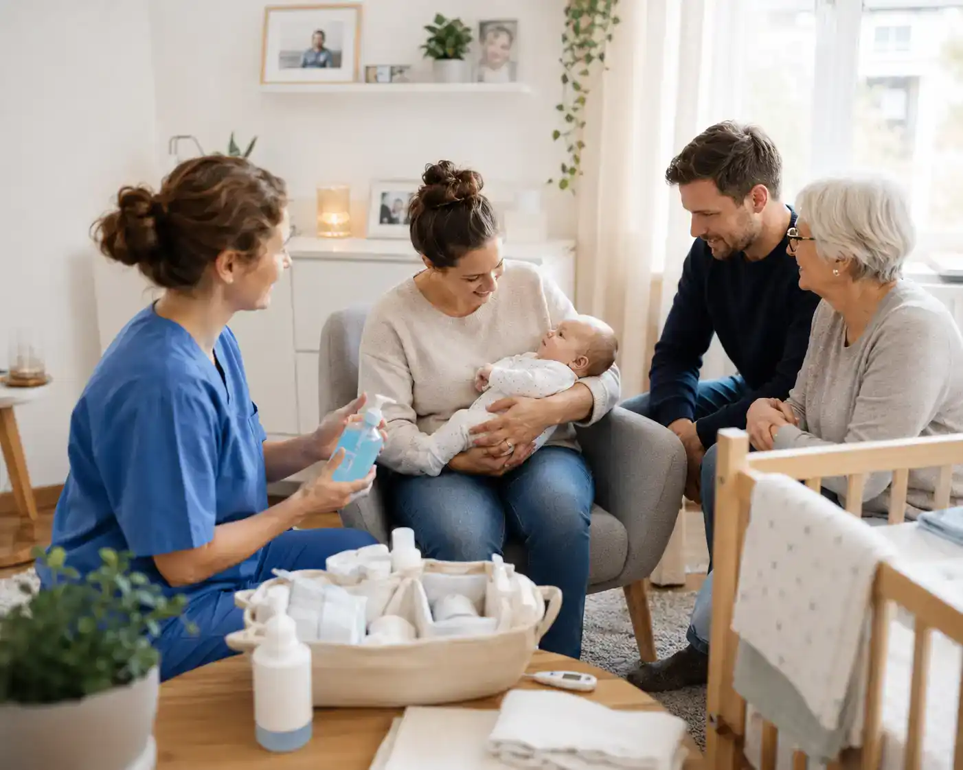 Pflegefachkraft erklärt einer Familie Hygieneregeln und Infektionsschutz bei der häuslichen Versorgung eines frühgeborenen Babys.