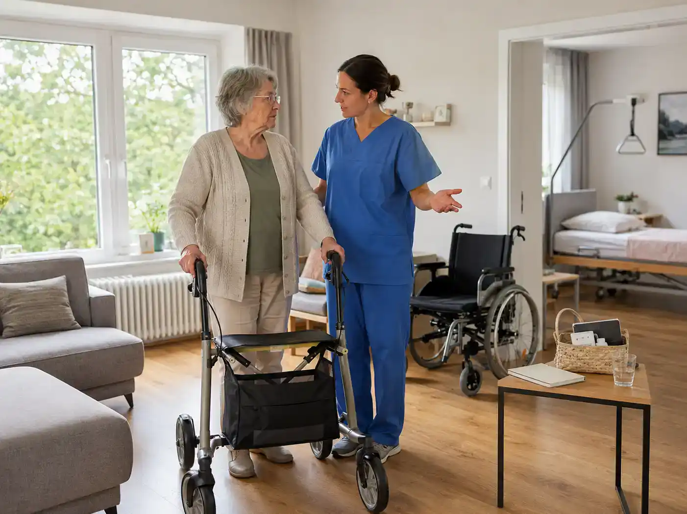 Ältere Frau nutzt einen Rollator, während eine Pflegefachkraft in blauer Kleidung sie in einer hellen Wohnung begleitet und Hilfsmittel erklärt.