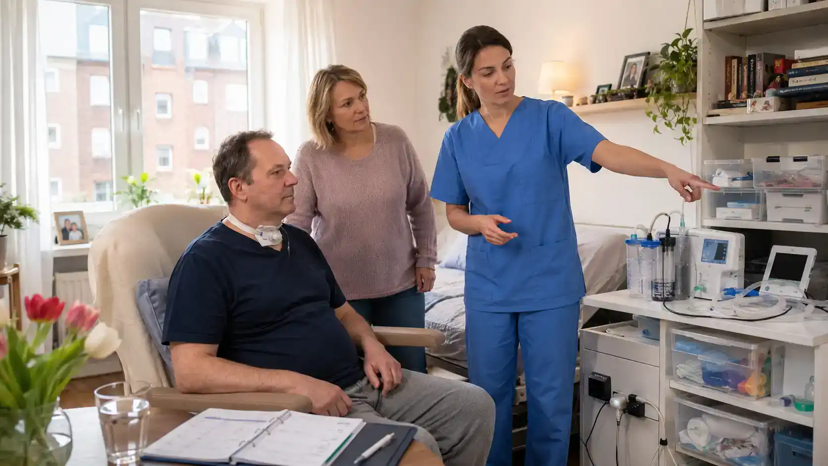 Pflegefachkraft erklärt einer Familie in einer hellen Wohnung die Organisation von Hilfsmitteln und Geräten für die sichere Versorgung eines Tracheostomas zuhause.