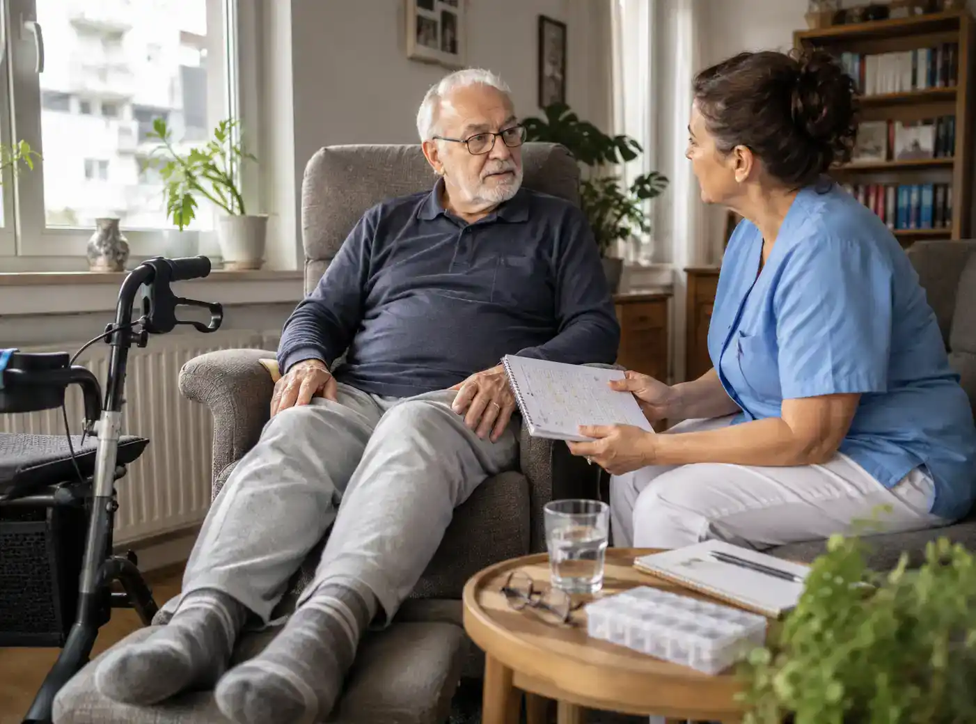 Älterer Patient ruht im Sessel, während eine Pflegefachkraft in blauer Kleidung mit ihm einen kraftschonenden Tagesplan bespricht.
