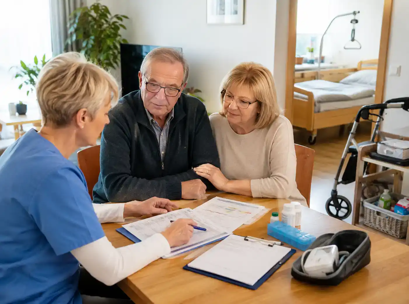 Pflegefachkraft bespricht mit einem älteren Paar die Überleitung von Klinik oder Reha in die häusliche Versorgung.