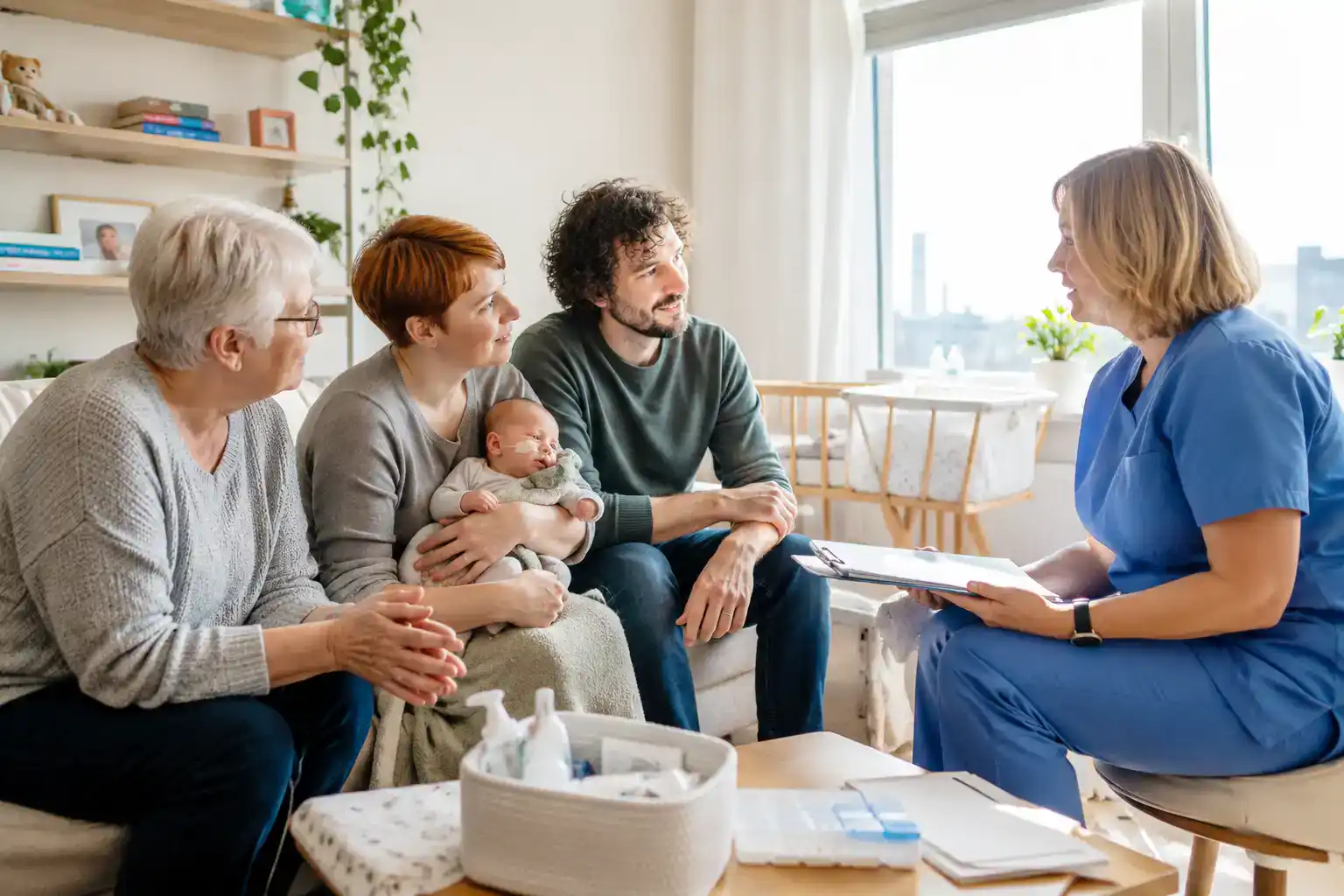 Pflegefachkraft bespricht mit Eltern und einer Angehörigen die häusliche Versorgung eines frühgeborenen Babys mit langfristigem Pflegebedarf.