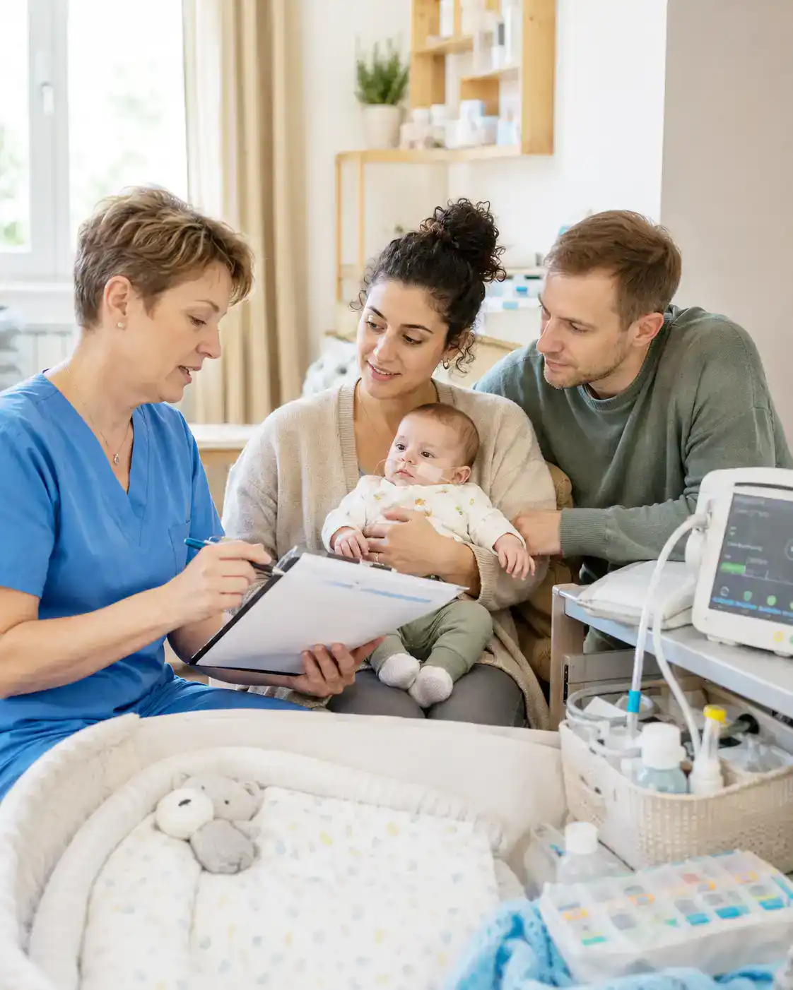 Pflegefachkraft bespricht mit Eltern die Versorgung ihres frühgeborenen Babys im häuslichen Umfeld, während medizinische Hilfsmittel und Dokumentationsunterlagen bereitliegen.