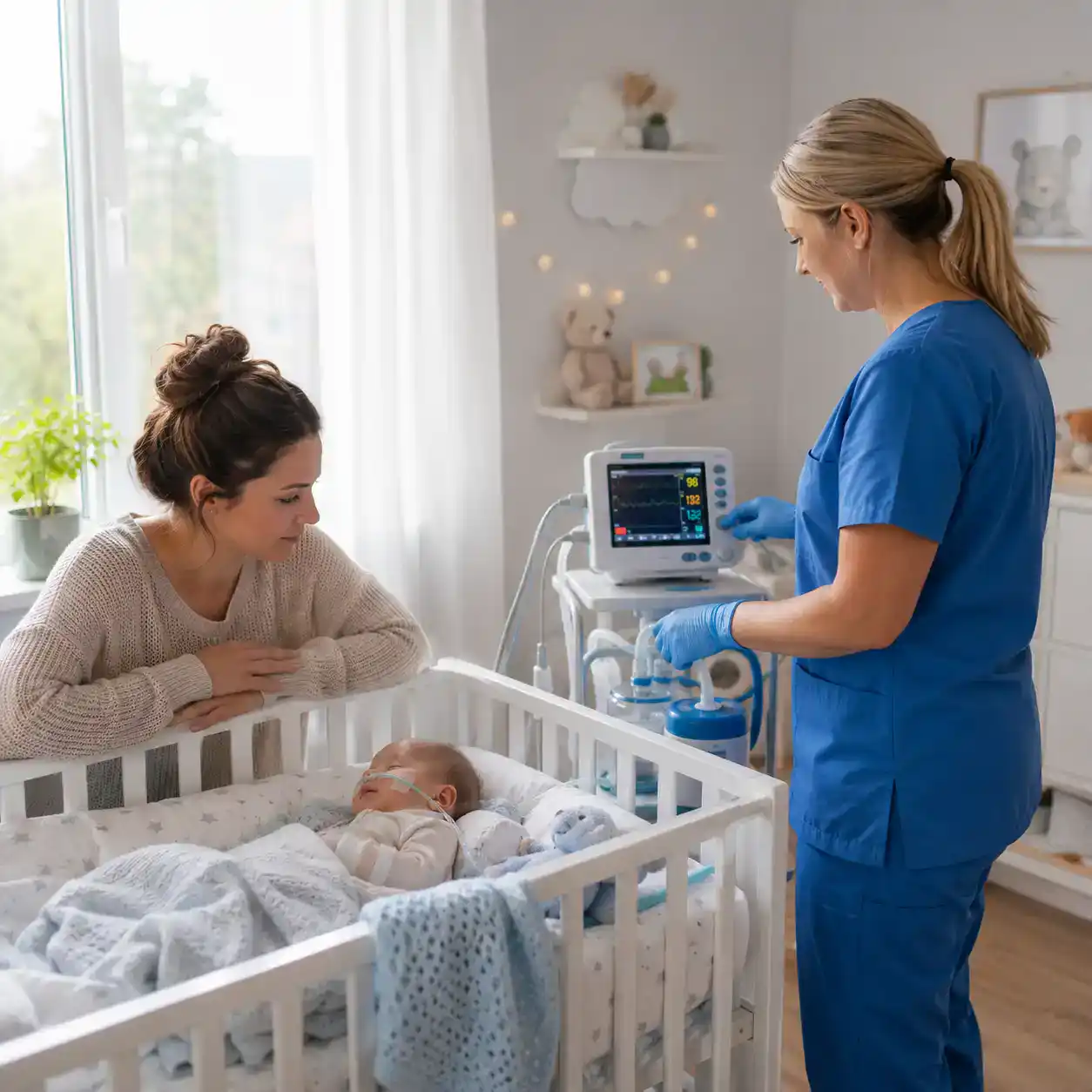 Frühgeborenes Baby liegt mit Sauerstoffunterstützung im Kinderbett, während eine Pflegefachkraft das Monitoring kontrolliert und ein Elternteil aufmerksam daneben sitzt.