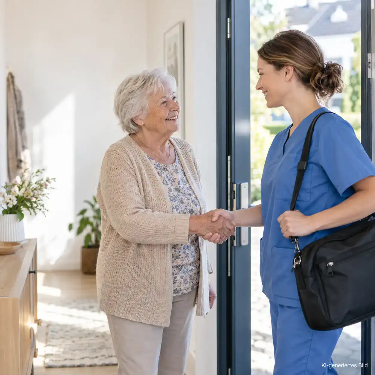 Pflegefachkraft begrüßt eine Seniorin zu einem ambulanten Hausbesuch