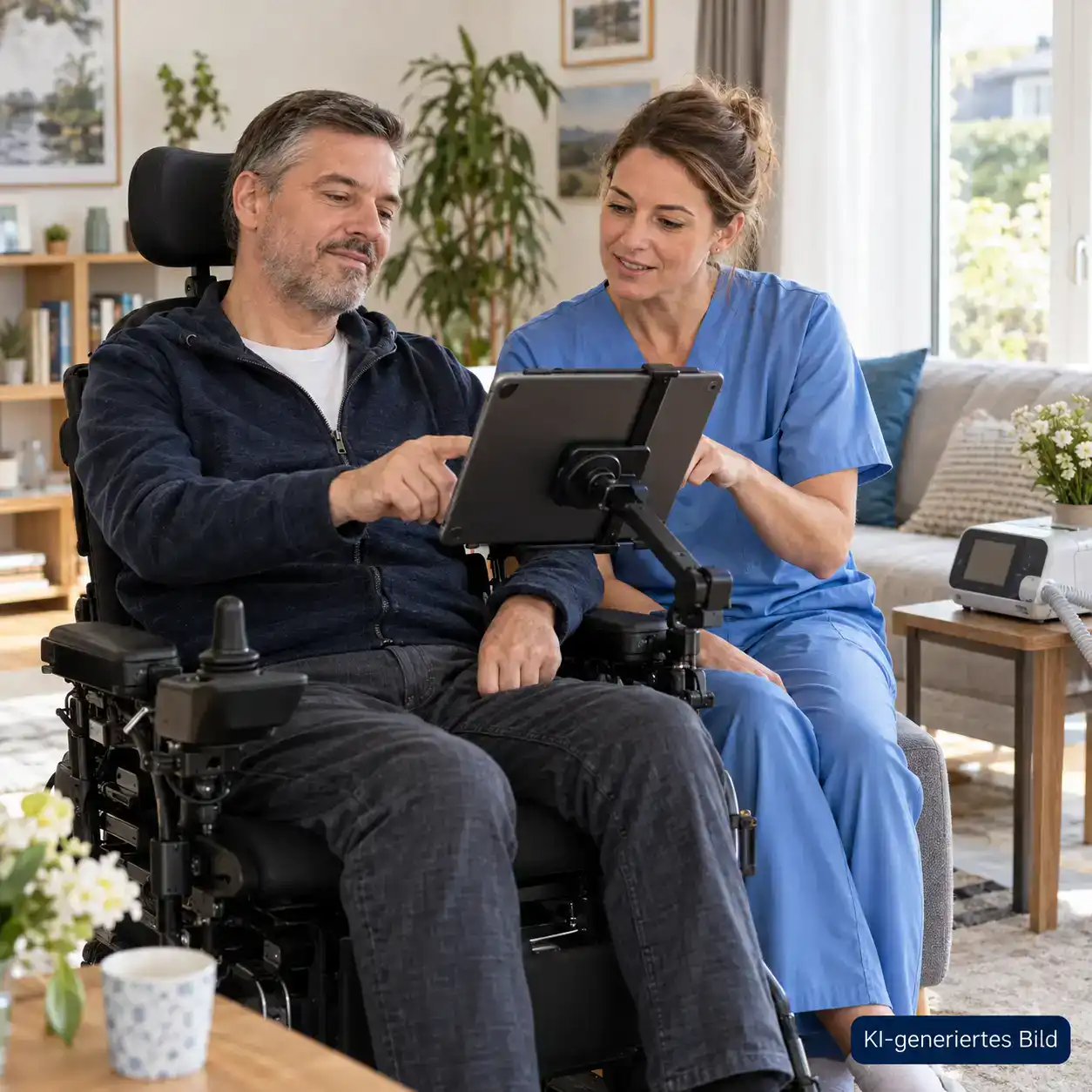 Pflegefachkraft bespricht mit einem Patienten im Elektrorollstuhl am Tablet den individuellen Unterstützungsbedarf.