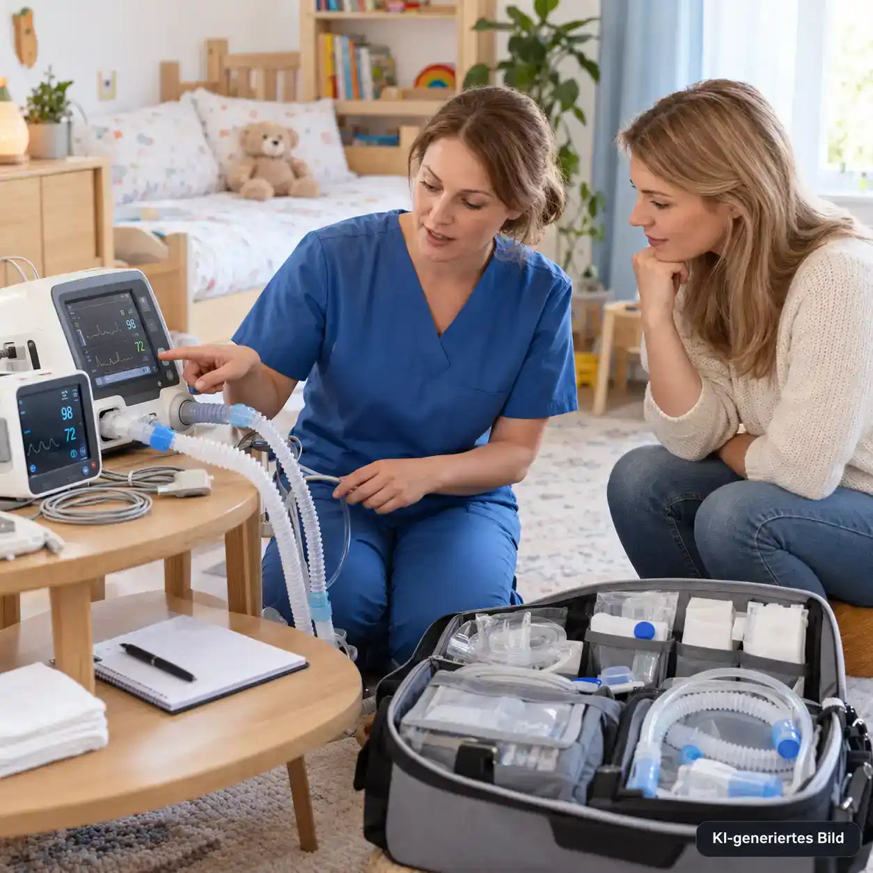 Pflegefachkraft erklärt einer Mutter ein Heimbeatmungsgerät und einen medizinischen Monitor im Kinderzimmer