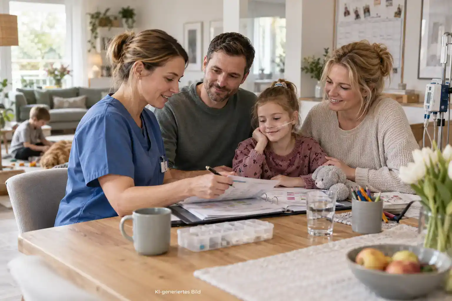 Familie bespricht gemeinsam mit einer Pflegefachkraft die häusliche Versorgung ihres Kindes
