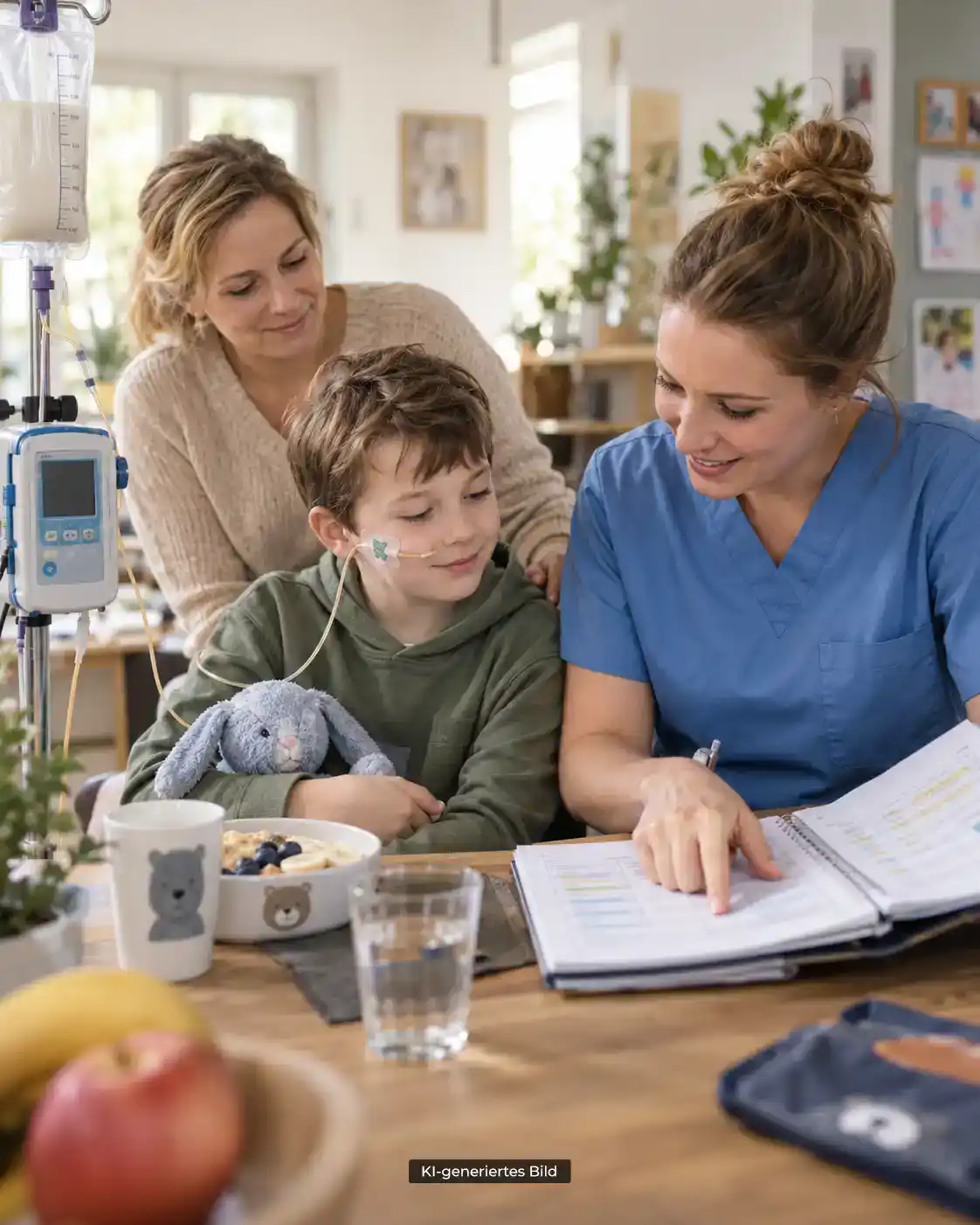 Kind mit Ernährungssonde und Pflegefachkraft bei individuell abgestimmter Ernährung zuhause