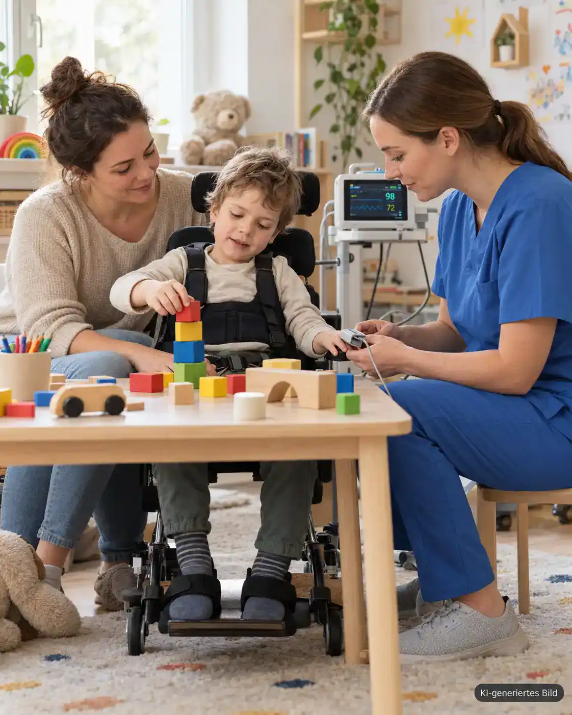 Genetische Syndrome mit Intensivpflegebedarf: Pflegefachkraft misst die Sauerstoffsättigung eines Kindes im Therapiestuhl, begleitet von seiner Mutter
