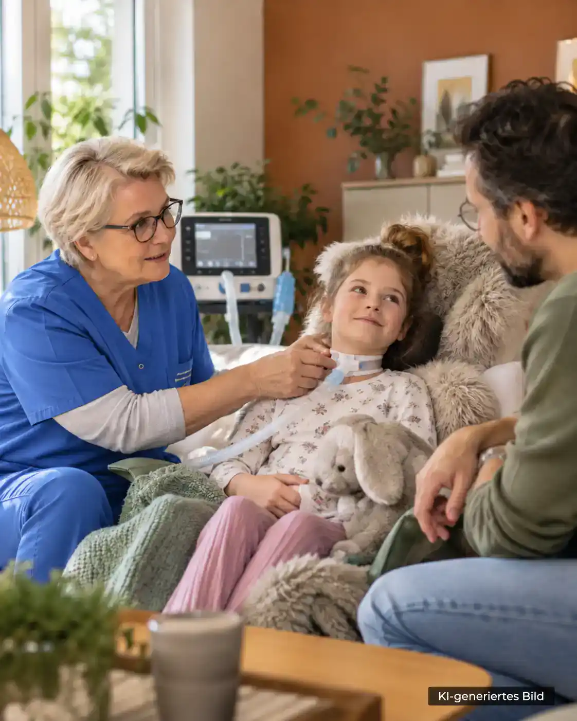Kinder mit Tracheostoma: Kind mit Tracheostoma wird zuhause von einer Pflegefachkraft betreut, während der Vater begleitet
