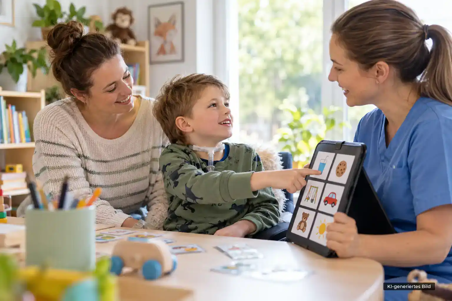 Kind mit Tracheostoma nutzt eine Bildtafel zur Kommunikation mit Pflegefachkraft und Mutter