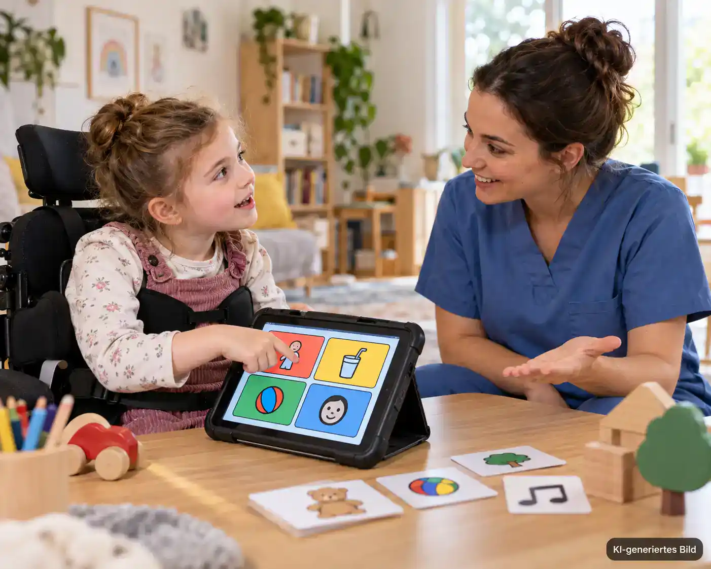 Kind nutzt im Austausch mit einer Pflegefachkraft ein Tablet zur unterstützten Kommunikation