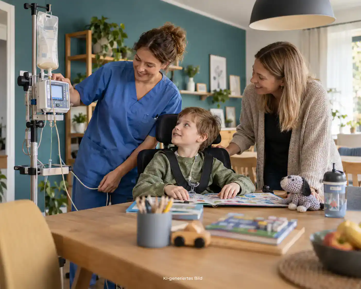 Kind mit medizinischer Unterstützung zuhause bei der Anwendung einer Ernährungspumpe