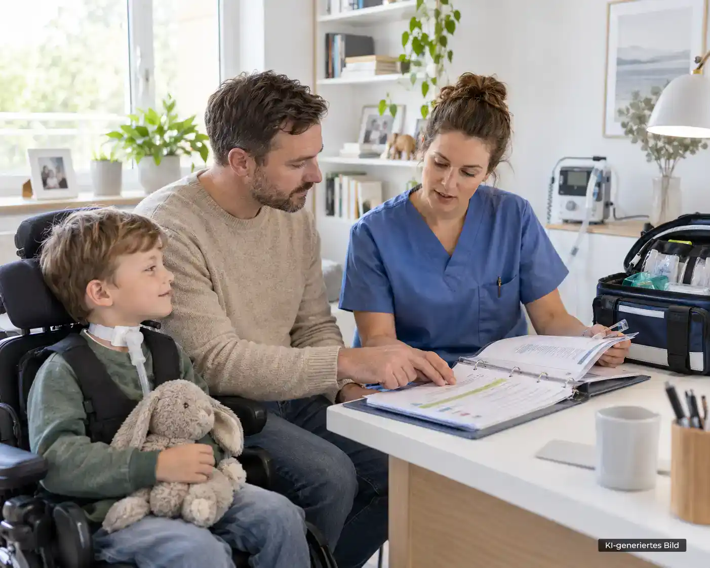 Kind mit Tracheostoma sitzt mit Vater und Pflegefachkraft bei der Besprechung eines individuellen Notfallplans