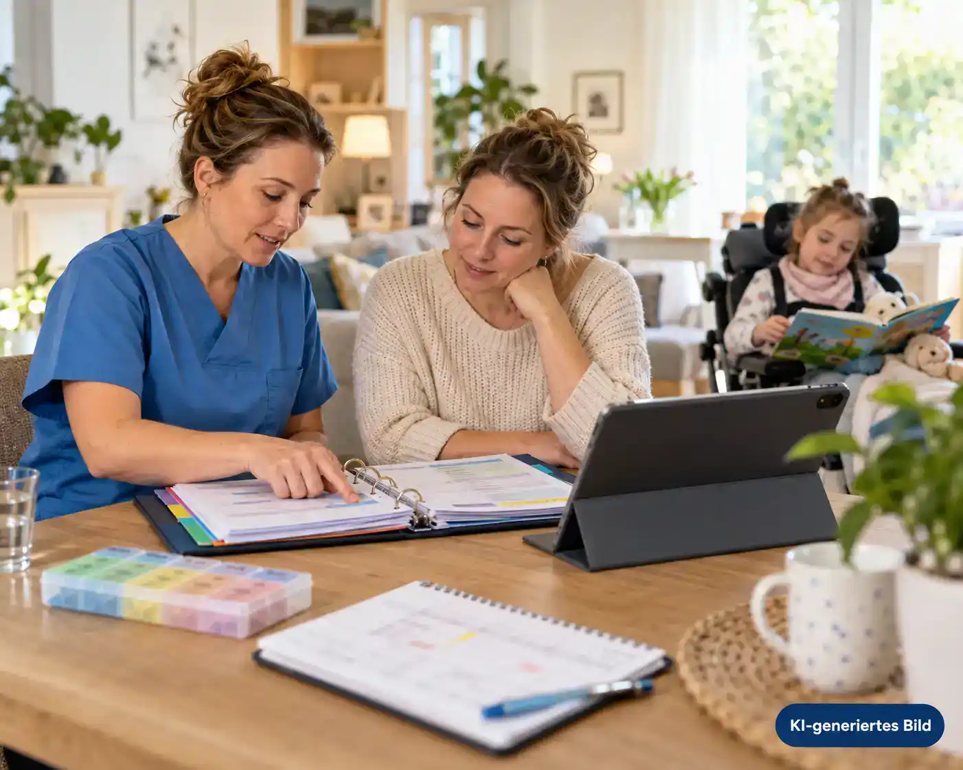 Pflegefachkraft stimmt mit einer Mutter den Versorgungsplan für ihr Kind mit komplexem Pflegebedarf ab