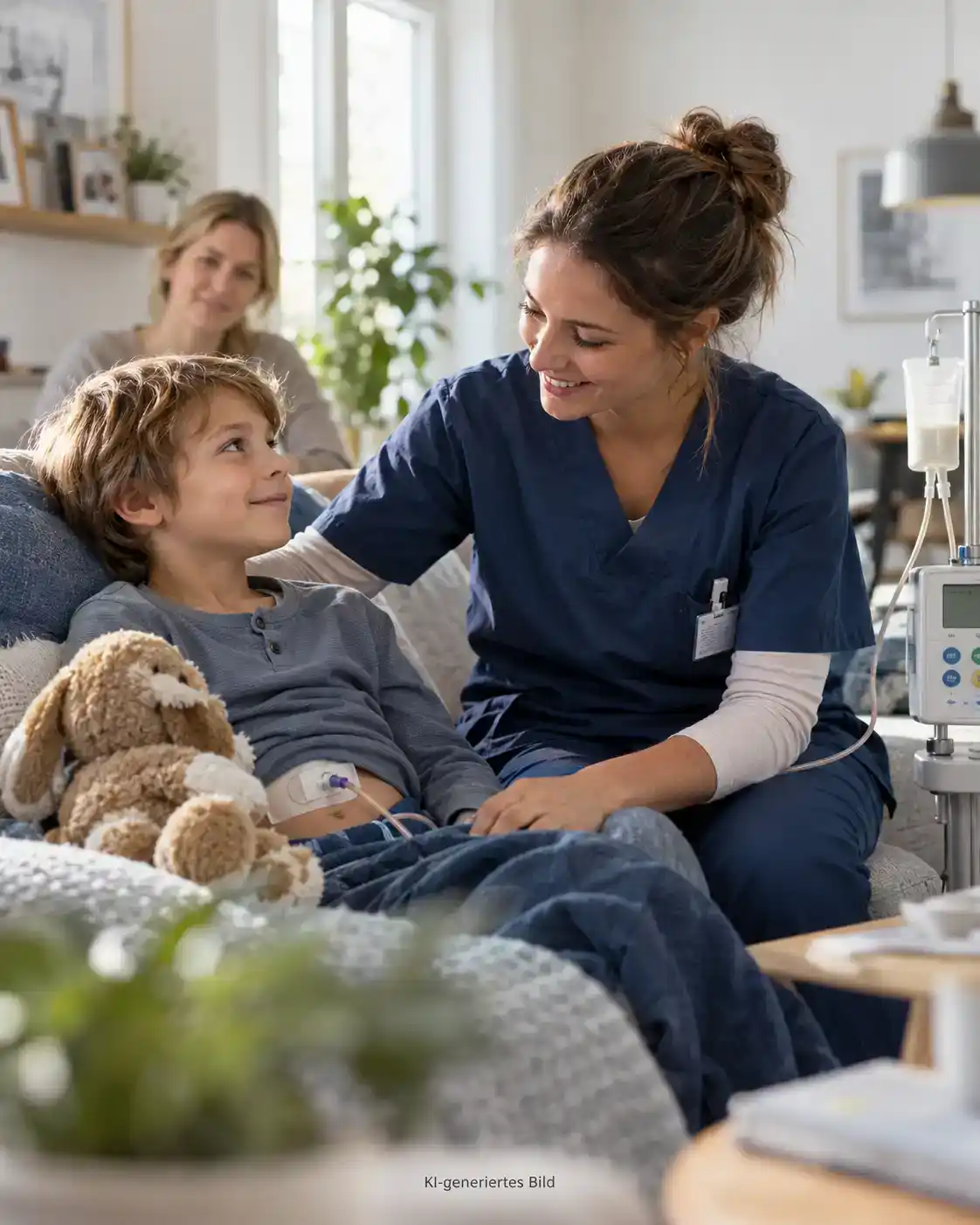 Stoffwechselerkrankungen bei Kindern: Kind mit Pflegefachkraft bei häuslicher Intensivpflege und medizinischer Ernährung