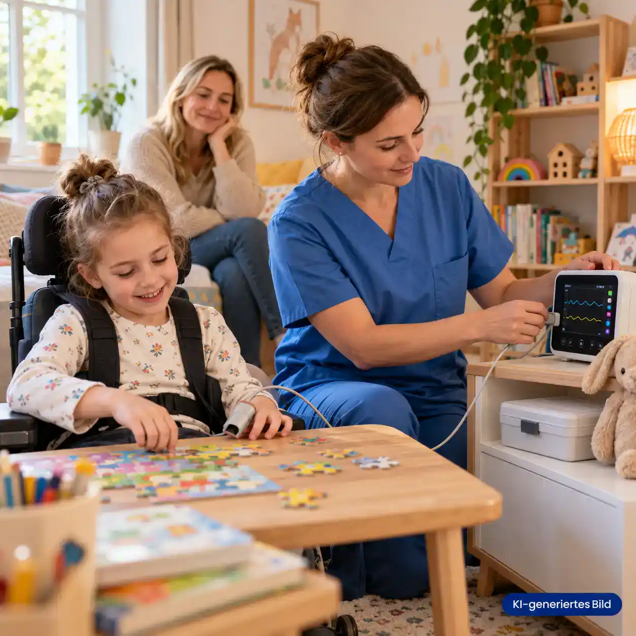 Pflegefachkraft kontrolliert ein Überwachungsgerät, während ein Kind im Rollstuhl ein Puzzle legt