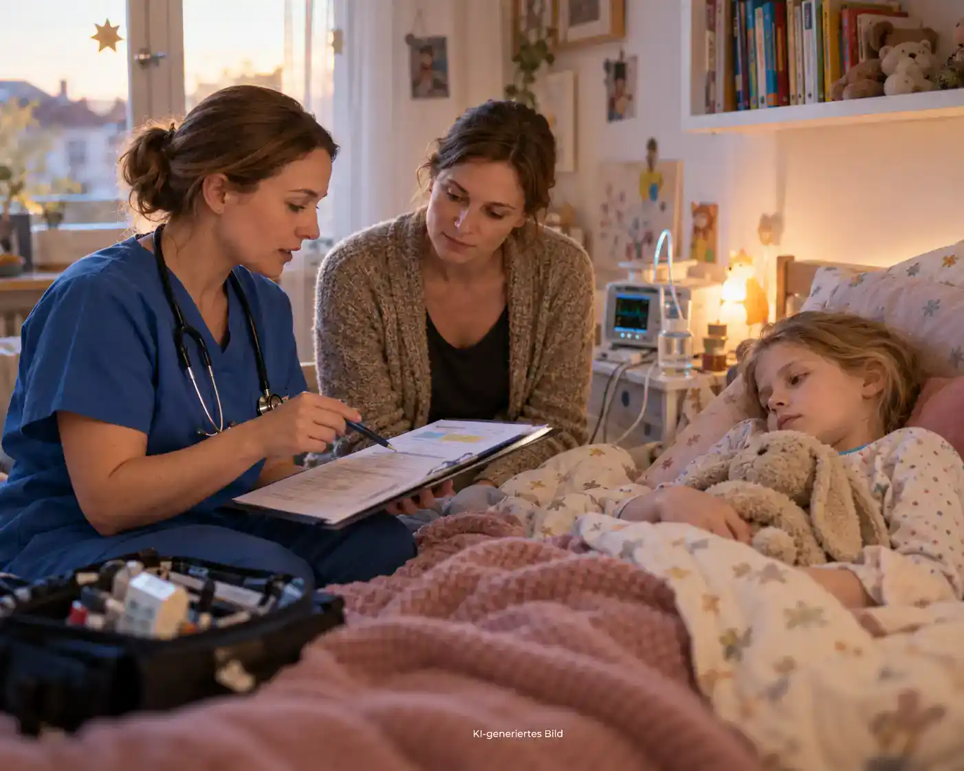 Kind im Bett mit Pflegefachkraft und Mutter bei der Besprechung eines Notfallplans