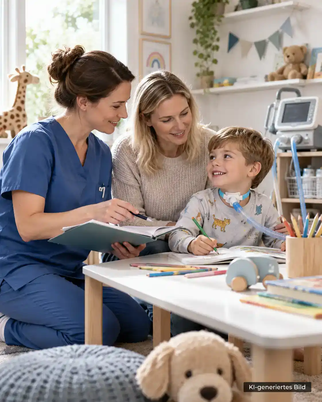 Pflegefachkraft, Mutter und Kind mit Tracheostoma im gemeinsamen Alltag zuhause